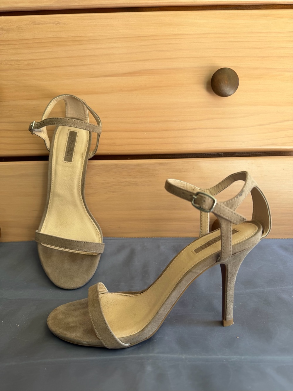 Women's Taupe Suede Ankle-Strap Stiletto Sandals